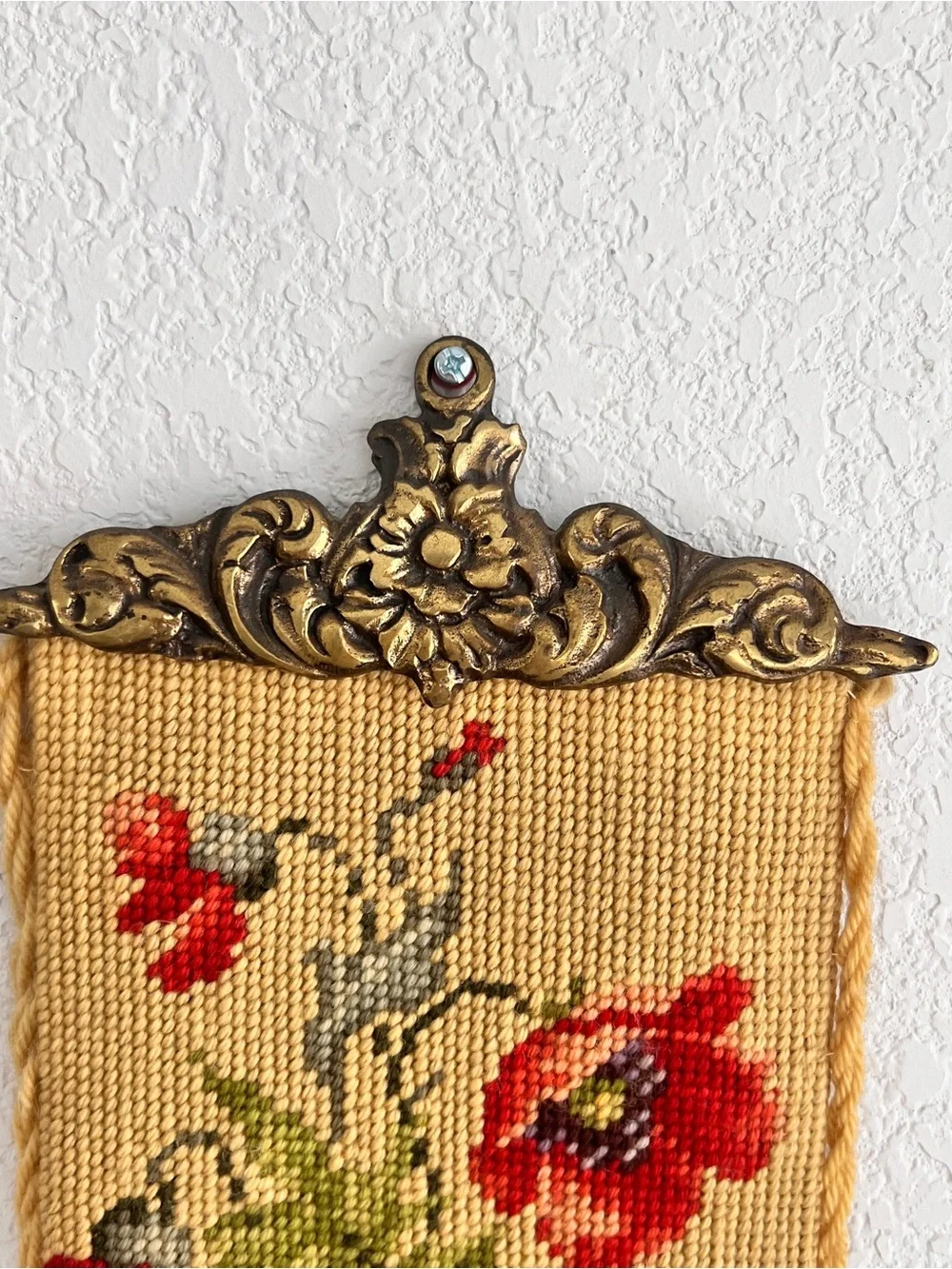 Vintage Floral Needlepoint Bell Pull Wool Velvet  Brass 63”